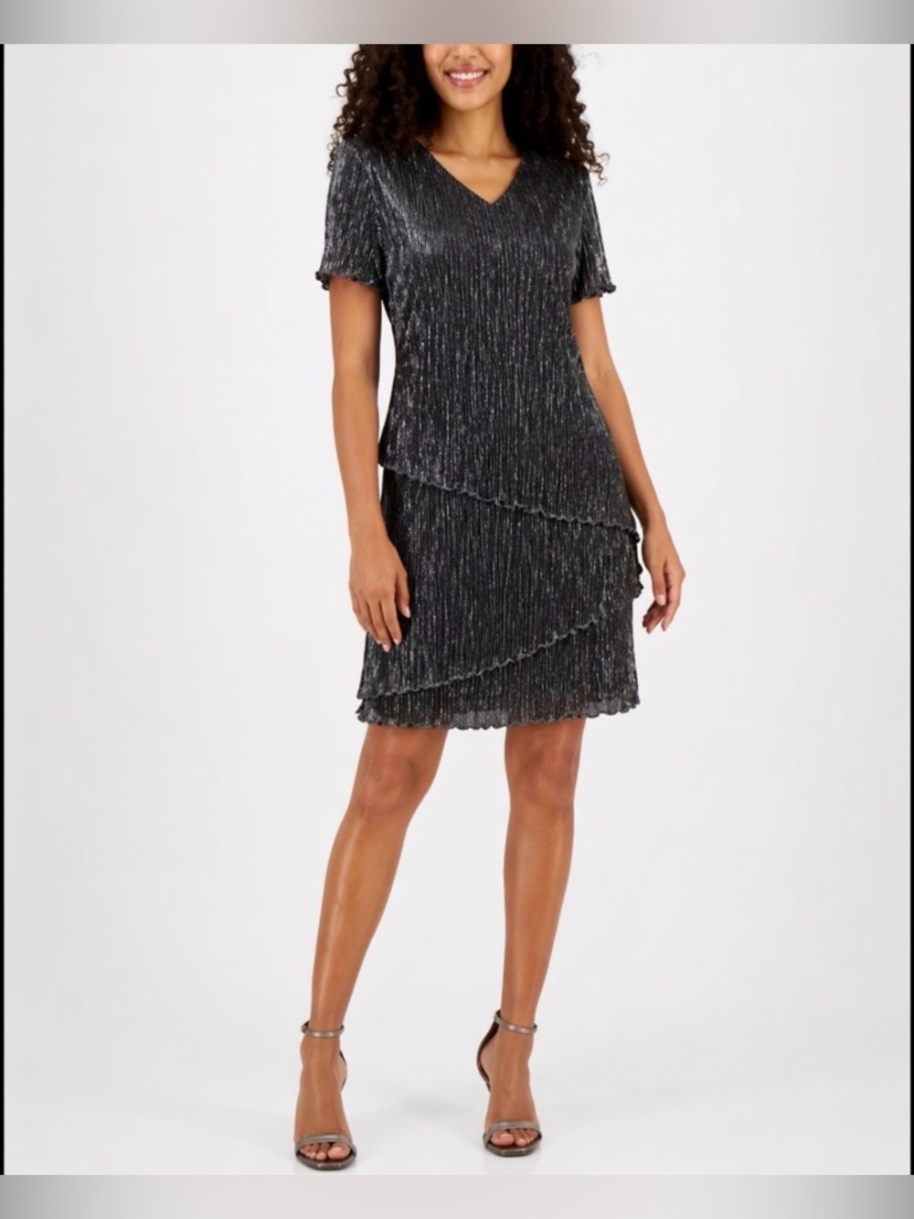 Connected Dress 14 Black SIlver Short Sleeve Tier Flowy Wedding Party Cruise New